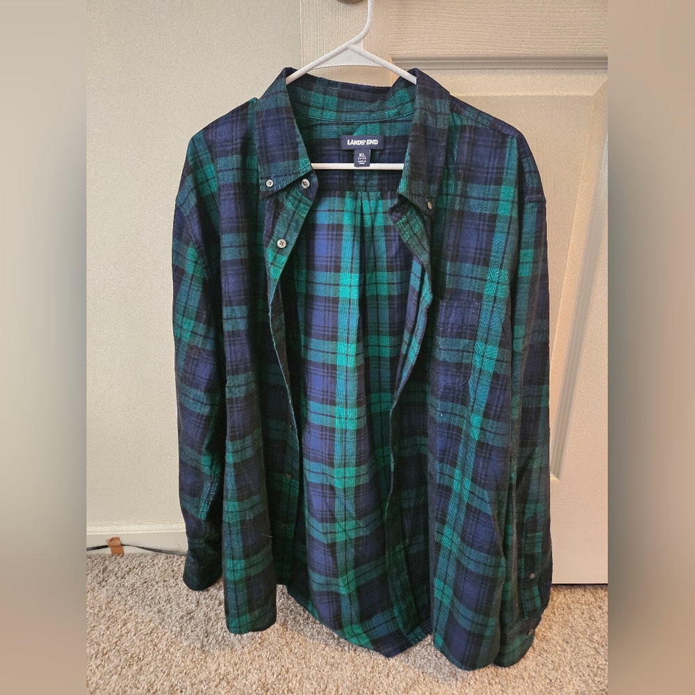 Lands' End Men's Green & Navy Plaid Flannel Shirt Jacket XL